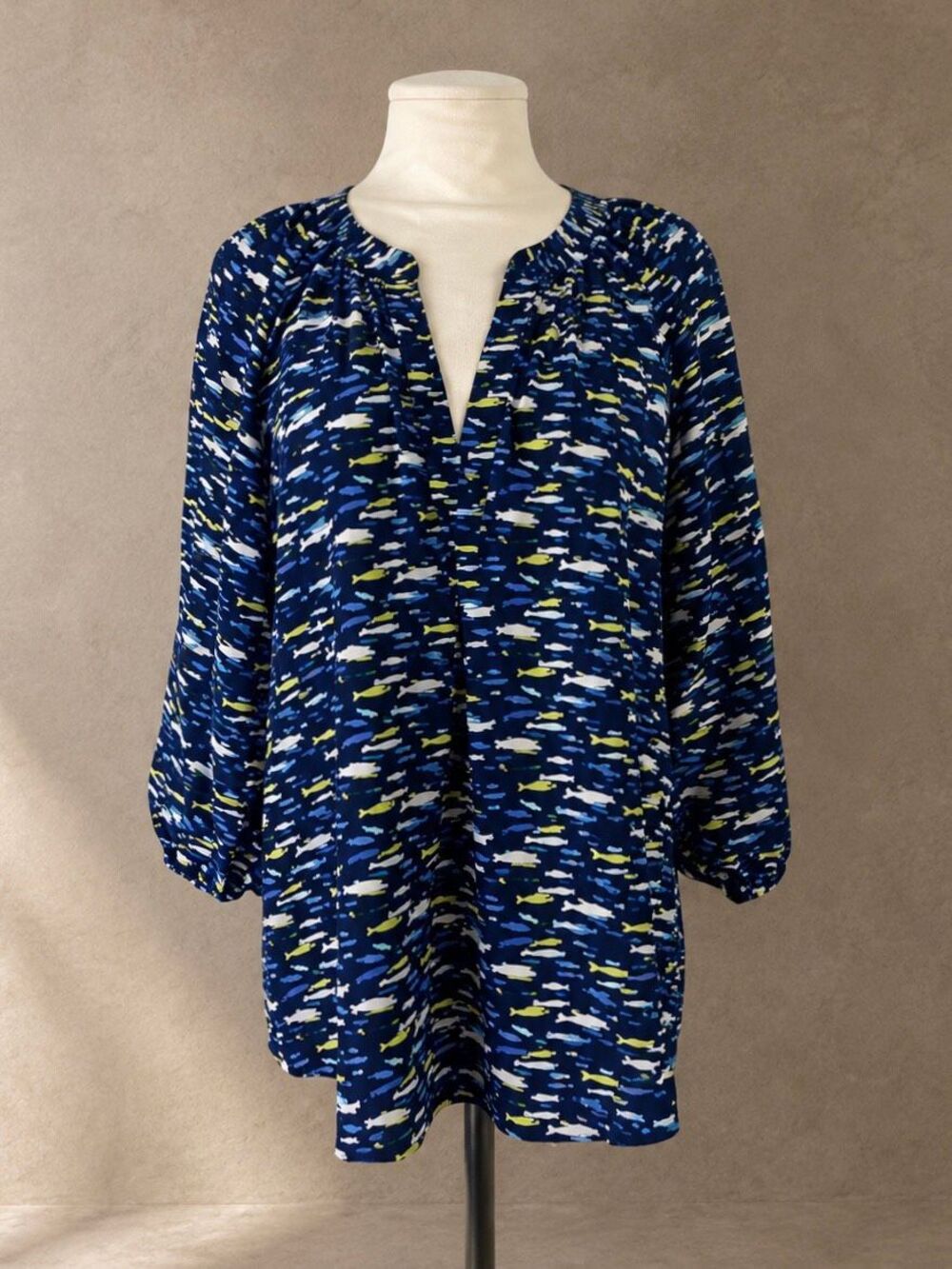 Joie S 100% Silk Fish Print Blouse Navy Blue Coastal 3/4 Sleeve